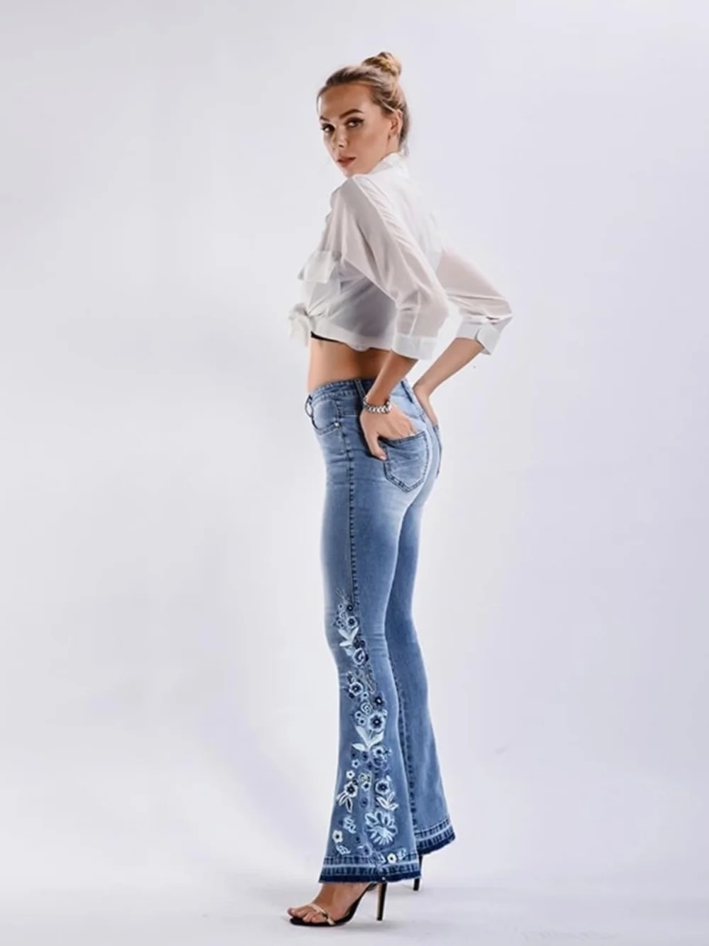 Blue Embroidered Flare Women’s Jeans